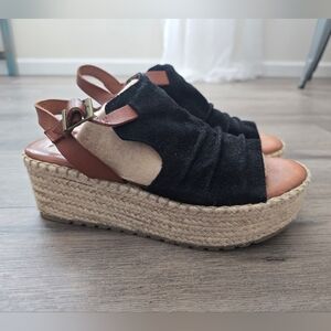Musse & Cloud Black Espadrille Wedge Sandals Women's Size 9 Leather Suede